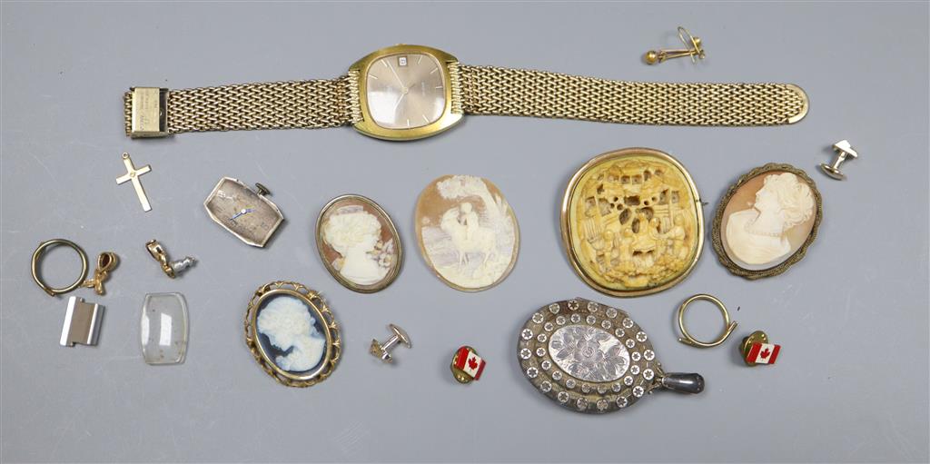 Assorted jewellery including a Victorian silver locket, three cameo shells etc and a Omega De Ville automatic wrist watch